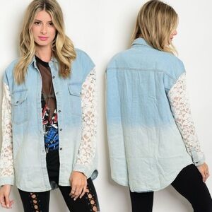 Light Blue Denim Shirt with Lace Sleeves